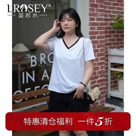 蓝若水大码女装设计感别致V领正肩上衣胖MM夏装显瘦短袖T恤图片