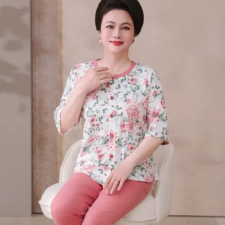 妈妈纯棉睡衣女士中老年人大码全棉家居服套装可外穿短袖夏季2025商品大图