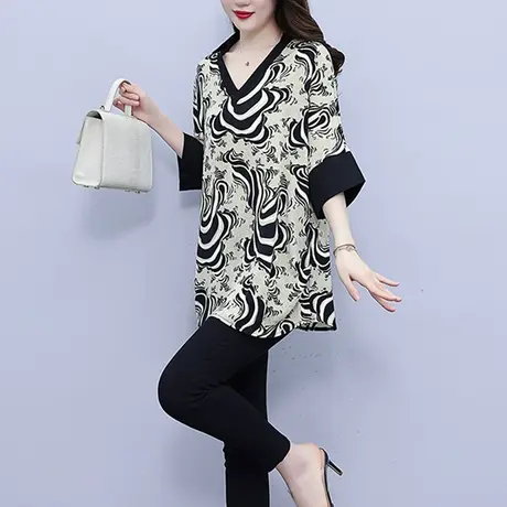 大码女装胖mm中长款女上衣短袖雪纺衬衫女2023夏季薄款遮肉小衫女商品大图