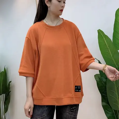 复古短款卫衣女士薄款中袖2023新款春夏装宽松休闲上衣短袖T恤衫商品大图