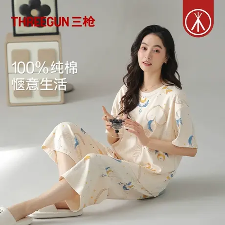 三枪2025夏季新品纯棉睡衣女短袖中裤圆领甜美印花宽松女家居服图片