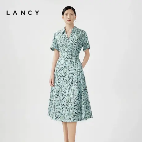 LANCY/朗姿2024夏季新款短袖植物印花衬衫连衣裙女法式中长款裙子图片