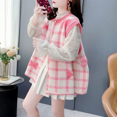 甜美减龄格子蝴蝶结毛衣马甲背心女春季2025新款洋气无袖坎肩上衣图片
