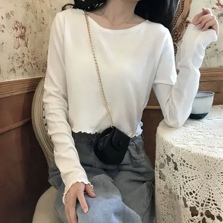 设计感木耳边短款正肩长袖T恤女春秋修身显瘦打底衫内搭外穿上衣图片
