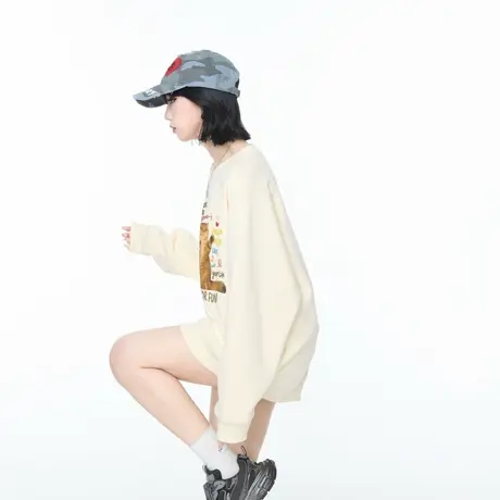 YEP春秋新款蝴蝶印花圆领卫衣女美式复古风宽松休闲无帽外套上衣商品大图