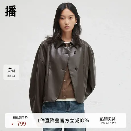 播商场同款翻领机车服短外套女24春秋美式复古皮衣BDR3WD1810商品大图