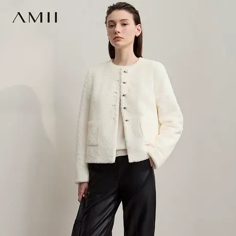 Amii2025秋新款轻奢温暖圆领肌理感毛绒外套女金属纽扣箱型上衣商品大图