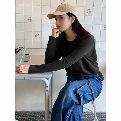 KV真维斯黑色长袖t恤女2025新款冬季薄绒打底衫通勤风小个子上衣商品大图