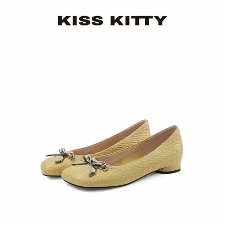 【呼呼专享】KISSKITTY黄色羊皮单鞋女2025夏季新款通勤鞋复古低商品大图