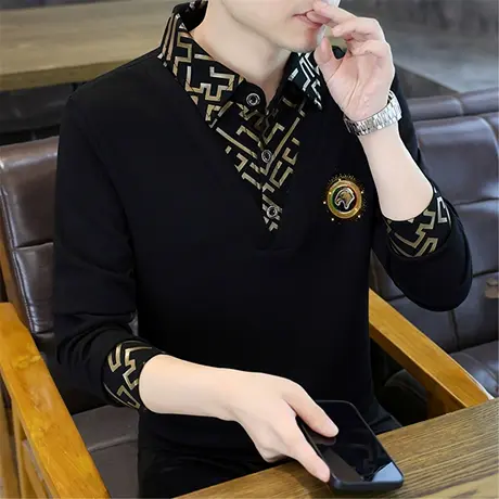 高档欧货男士卫衣假两件潮流时尚翻领长袖T恤衫加肥加大码体恤衫商品大图