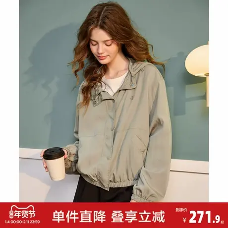 唐狮2026春季新款女连帽短款外套灰茶绿休闲风慵懒早秋时尚穿搭图片