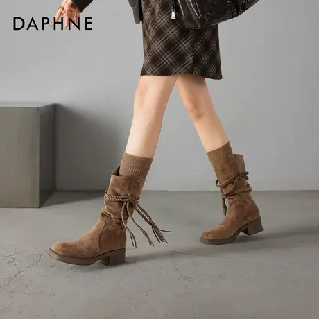 达芙妮长靴女2025秋冬季新款堆堆靴褶皱流苏西部牛仔长筒靴马丁靴图片