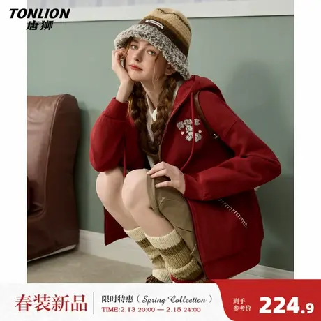 唐狮2026春季新款女卫衣外套女士设计感复古红连帽开衫上衣新年商品大图