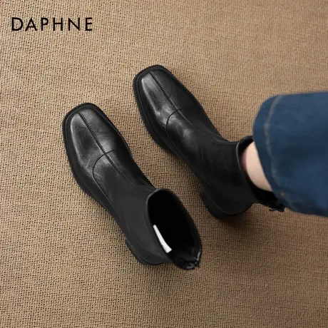 达芙妮法式粗跟短靴女2026新款冬季复古黑色方头瘦瘦靴厚底马丁靴商品大图