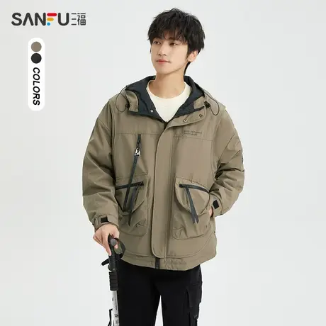 三福2023冬男士假两件机能长棉衣 时尚保暖宽松连帽外套477084商品大图