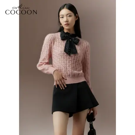 COCOON商场同款2023秋冬新款粉色马海毛灯笼袖毛针织衫商品大图