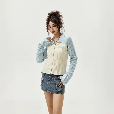 YEP设计感蓝色拼接短款拼接毛衣女秋冬2023新款针织衫外套开衫潮图片