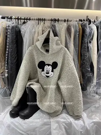 韩国东大门2023秋冬新款连帽刺绣米奇卡通加厚加绒羊羔绒保暖卫衣商品大图