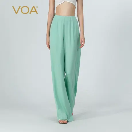 VOA冰草绿40姆米双面乔重磅桑蚕丝自然腰侧插袋真丝显高直筒长裤图片