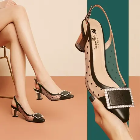 清仓简约粗跟包头透气网纱凉鞋一字扣尖头气质水钻凉鞋女商品大图