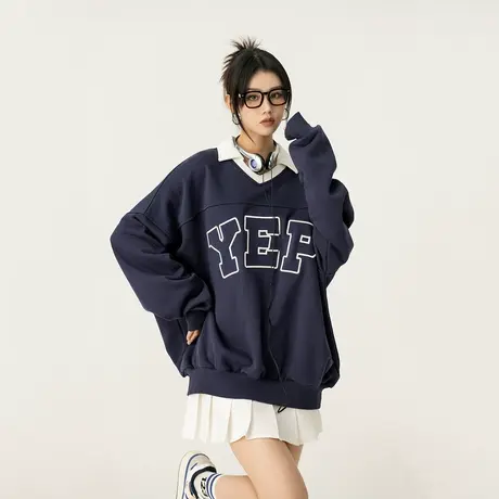 polo领卫衣女春秋藏青色潮牌oversize设计感上衣美式外套ins复古商品大图