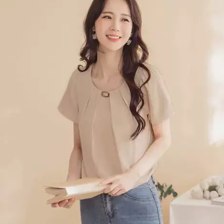 桔熊夏季韩系通勤OL优雅方扣压褶领雪纺衫上衣女胖mm大码AB12285图片