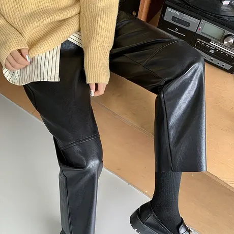 黑色PU皮裤女2024春秋新款高腰休闲小个子显瘦百搭九分法棍烟管裤图片
