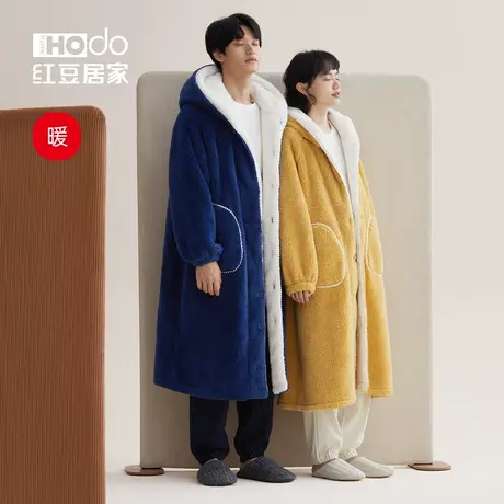 红豆居家服情侣睡袍女秋冬季珊瑚绒可外穿加厚连帽睡衣裙浴袍男士商品大图