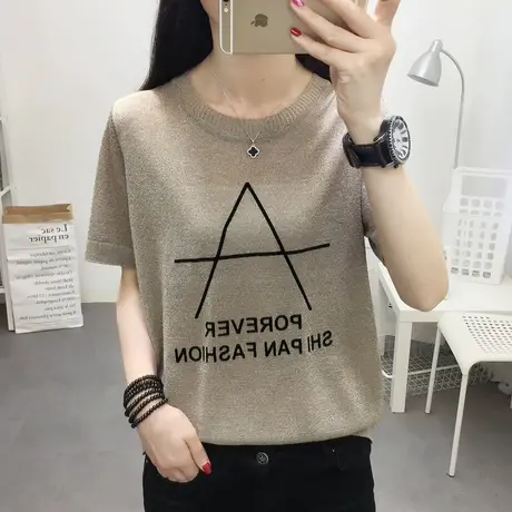 冰丝针织t恤女短袖宽松夏季韩版女装2020新款潮百搭薄款打底上衣商品大图