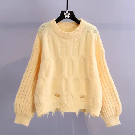 慵懒风麻花毛衣女秋冬外穿2023新款韩版宽松破洞学生套头针织衫商品大图