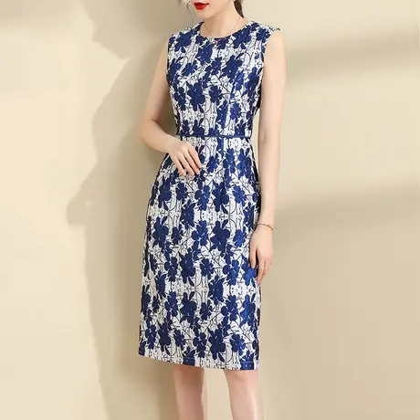 水墨青华秋装新品时尚背心裙修身提花无袖连衣裙马甲裙连身裙商品大图