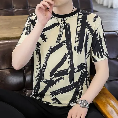 高端冰丝短袖T恤男夏季印花青少年学生大码半袖个性圆领打底衫ins商品大图