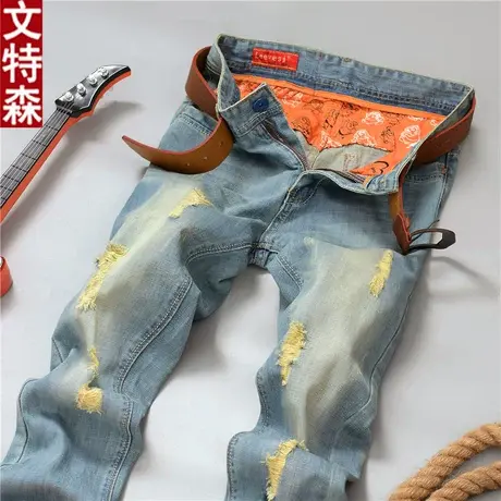 韩版潮流男士浅蓝色水洗磨烂破洞款牛仔裤青年直筒潮牌男装长裤子商品大图