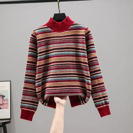 2023春装新款韩版宽松半高领针织衫套头长袖条纹毛衣女士上衣打底商品大图