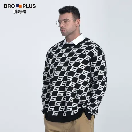 胖哥哥秋冬季新款圆领男士毛衣宽松加肥加大码棋纹打底衫男上衣潮图片
