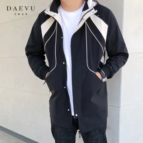 秋春新款拼接撞色大号潮胖子加肥加大码男士中长款连帽风衣外套商品大图