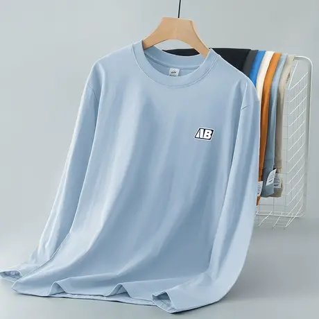 重磅纯棉长袖t恤男装2024新款圆领上衣服内搭打底衫美式全棉体恤商品大图