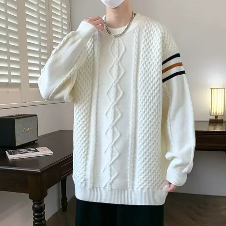 圆领毛衣男秋冬季新款加厚保暖套头毛线衣男士潮牌提花打底针织衫商品大图