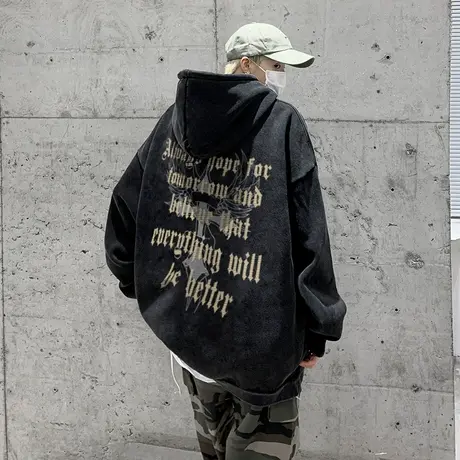 春秋季美式字母重磅水洗复古连帽卫衣男潮流大码宽松做旧高街帽衫图片