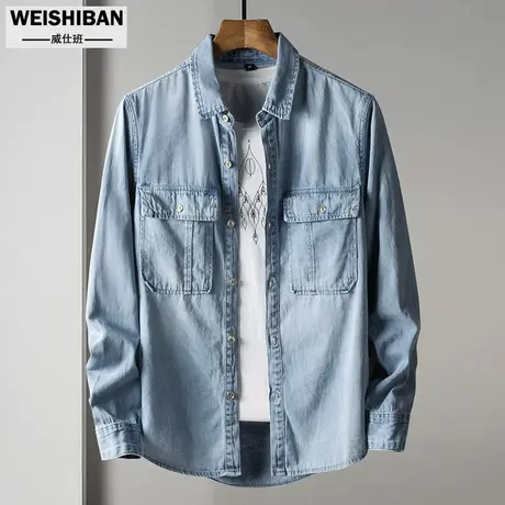 威仕班春季牛仔衬衫男长袖复古青年衬衣国潮浅蓝百搭外穿牛仔衣服商品大图
