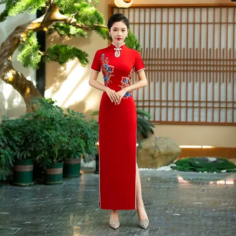 旗袍改良款款修身红色白色改良迎宾礼仪旗袍裙舞台走秀旗袍演出服图片