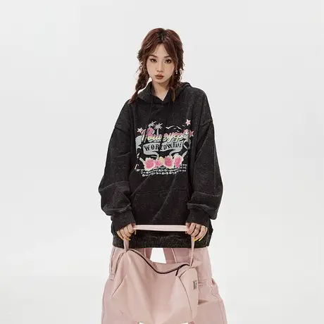 YEP美式复古黑色炒雪花连帽卫衣女春秋2023年新款ins潮牌宽松上衣商品大图