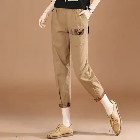 韩潮袭人松紧腰复古撞色直筒九分裤女2024夏季新款百搭哈伦休闲裤图片