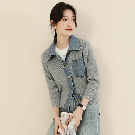 韩潮袭人宽松休闲牛仔拼接毛衣女女2023新款时尚POLO领开衫外套厚图片