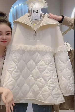 2022秋冬新宽松显瘦轻便保暖棉服甜美百搭中长款毛衣流苏翻领外套图片