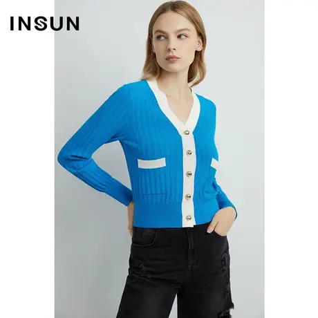 INSUN恩裳线上专选春季天然纤维撞色拼接螺纹针织开衫商品大图