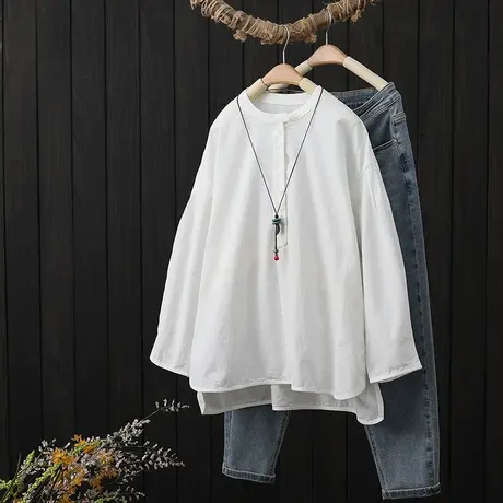 复古文艺纯色长袖立领套头衬衫女春秋季新款宽松大码显瘦衬衣上衣图片