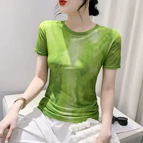 2024夏季新款性感网纱T恤女短袖修身圆领上衣ins气质扎染印花小衫商品大图