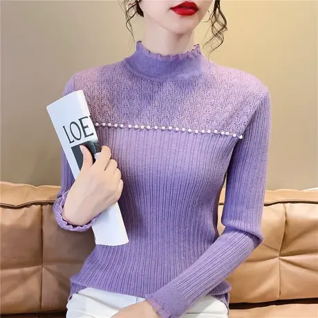 秋冬新款蕾丝拼接木耳边半高领针织内搭打底衫温柔风钉珠纯色上衣商品大图