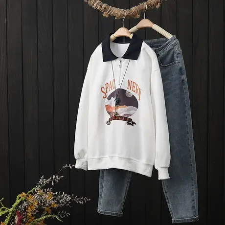 半拉链翻领套头卫衣女装秋季新品宽松休闲设计感字母刺绣上衣外搭图片